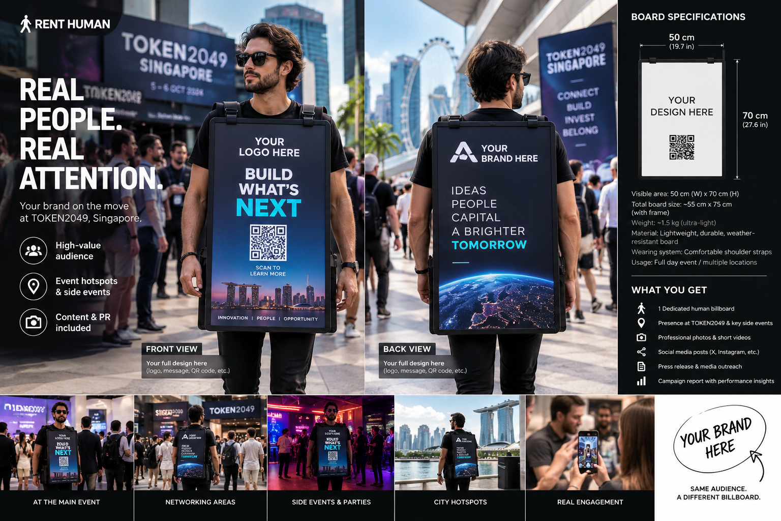RENT HUMAN campaign visual showing front and back billboard concepts and event moments